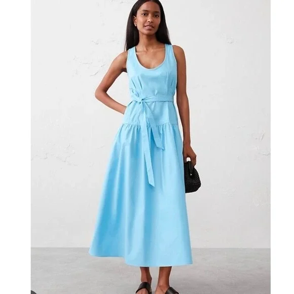 Banana Republic Women 10 Blue Poplin Scoop Princess Seams Midi Dress Tie Waist - Picture 1 of 8